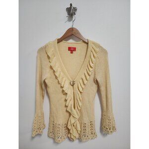 Oscar De La Renta beige cream ruffle knit cardigan M